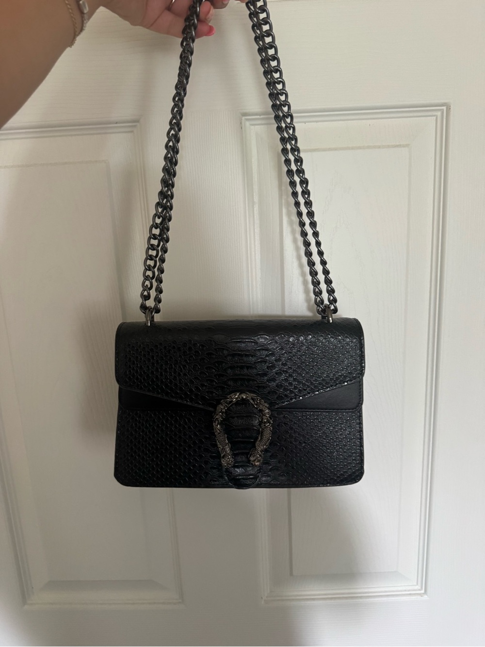 Black Textured Chain-Handle Shoulder Bag